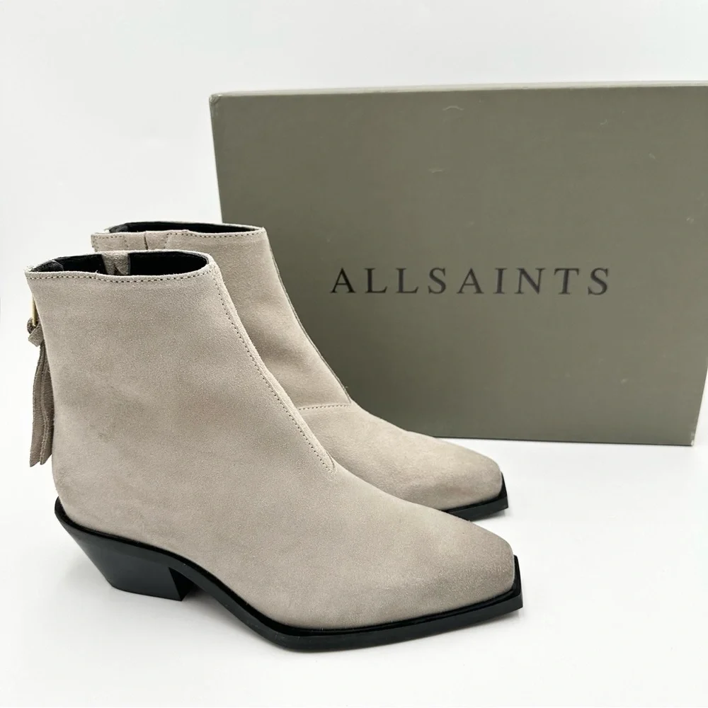 All Saints Lenora Suede Boots in Stone White - Picture 1 of 11